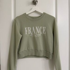 Hollister Sage Green 'FRANCE' Cropped Crewneck Sweatshirt